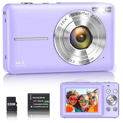 Offre limitée : Appareil Photo Numérique 1080P 44MP Caméra Vlogging pour Enfants Ados, FHD Compact Portable avec Écran 2,4" Zoom 16X, Mini Caméra Anti-secousse pour Débutants Étudiants-Violet de 49.99 € à 47.49 € (5% de remise)