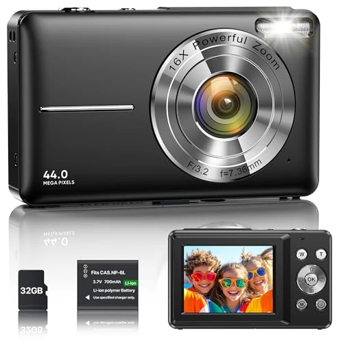 Offerta a tempo: Fotocamera Digitale 1080P 44MP Macchina Fotografica Vlogging per Bambini Ragazzi, FHD Compatta Portatile con Schermo da 2,4" Zoom 16X, Mini Fotocamera Anti-Shake per Principianti Studenti-Nero - 38% da 79.99 € a 49.99 €