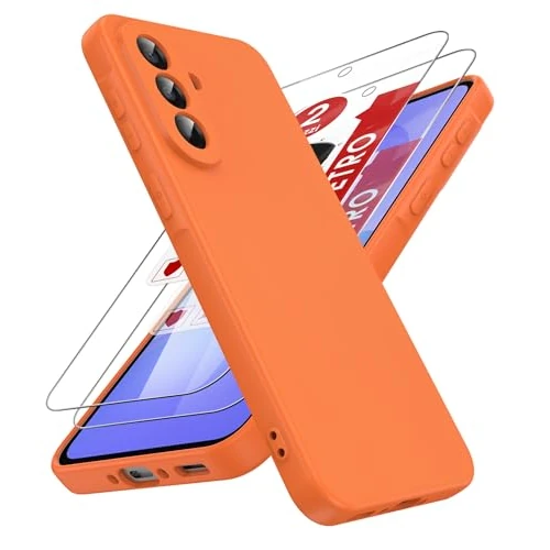 Offerta a tempo: LeYi Cover per Samsung A37 5G con 2 Pezzi Vetro Temperato, Custodia Morbida Silicone Liquida TPU Protettivo Ultra Slim Antiurto, Case con Protezione Fotocamera per Samsung Galaxy A 37, Arancione - 14% da 10.99 € a 9.49 €