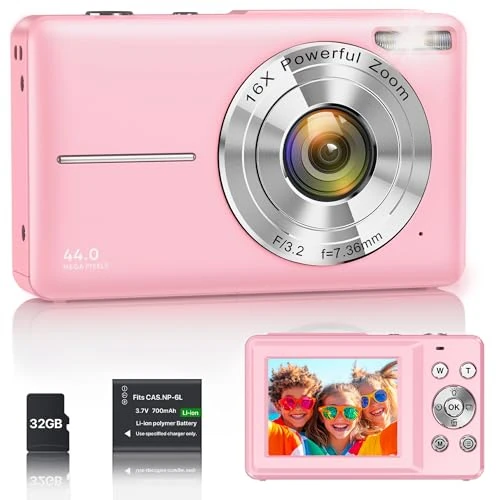 Offerta a tempo: Fotocamera Digitale 1080P 44MP Macchina Fotografica Vlogging per Bambini Ragazzi, FHD Compatta Portatile con Schermo da 2,4" Zoom 16X, Mini Fotocamera Anti-Shake per Principianti Studenti-Rosa - 38% da 79.99 € a 49.99 €