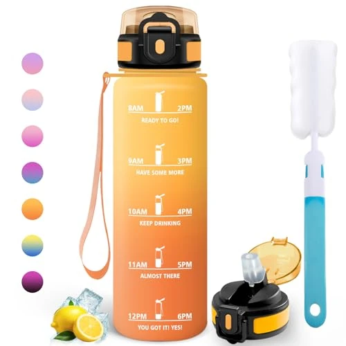 Offerta a tempo: Motswedi Borraccia 1 litro, Bottiglia d'acqua Sportiva, Comprende 6 Paglie e 1 Spazzola di Spugna, Borraccia Palestra, Bottiglia Acqua 1l, per Palestra, Viaggi, Ciclismo, Giallo ambrato & Arancione - 0.00% da 13.10 € a 13.10 €