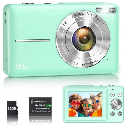 Zeitlich begrenztes Angebot: Digitalkamera 1080P 44MP Vlogging Kamera für Kinder Jugendliche, FHD Kompaktkamera Fotokamera mit 2,4" Bildschirm 16X Zoom, Anti-Shake Minikamera für Anfänger Studenten Jungen Mädchen-Grün von 69.99 € auf 49.98 € (29% Rabatt)