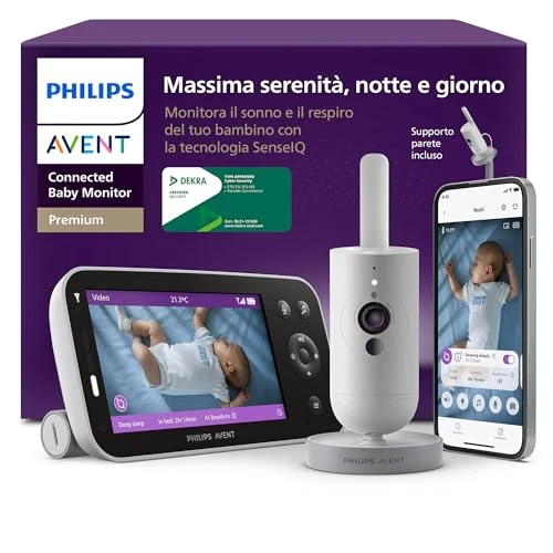 Offerta a tempo: PHILIPS Baby Monitor Premium Connected Avent con app - videocamera HD 1080p, monitora sonno e respirazione con IA, traduzione pianto, certificato DEKRA per sicurezza, supporto da parete, SCD974/26 - 3% da 289.99 € a 279.98 €