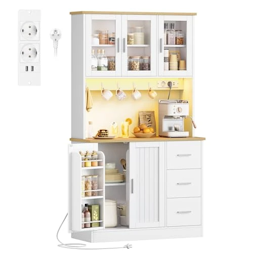 Offerta a tempo: Hzuaneri Credenza Cucina, con 6 livelli Ripiano posteriore della porta, 5 Ante e 3 Cassetti, Illuminazione LED Regolabile e Presa Multipla, Cucina, Soggiorno, 40x100x180cm, Bianco-Rovere PT10303XEU - 0.00% da 189.99 € a 189.99 €