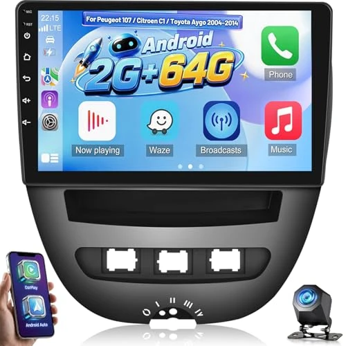 Zeitlich begrenztes Angebot: NHOPEEW 2+64G Android-Autoradio für Peugeot 107 / Citroen C1 / Toyota Aygo 2004-2014– unterstützt drahtloses CarPlay und Android Auto, Online-Videos, GPS-Navigation, Lenkradsteuerung und 40 UI-Designs von 149.99 € auf 149.99 €