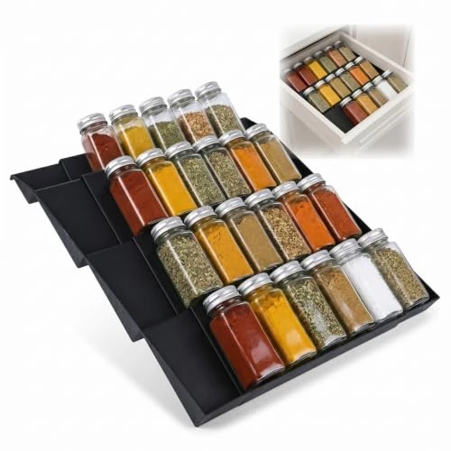 Offerta a tempo: Portaspezie da Cassetto Allungabile 30-60 cm, Set da 2 Organizer Spezie Regolabili, Porta Barattoli per Cucina, Armadi e Piano di Lavoro, Barattoli non Inclusi, Nero - 0.00% da 16.99 € a 16.99 €