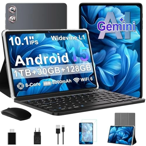 Offerta a tempo: fezawio 10.1 Pollici Android 15 Gaming Tablet Gemini AI 30GB RAM + 128GB ROM, Octa-Core 8000mAh, WiFi6, Widevine L1, GMS, audio 3.5mm GPS, Face ID con tastiera, mouse e custodia, grigio - 63% da 299.99 € a 109.69 €