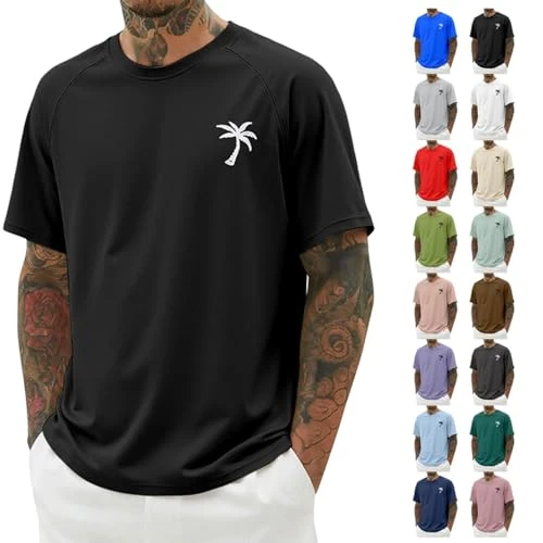 Maglie Uomo - Casual Scollo Rotondo Maglietta Uomo Estivi Ventilato Stampa Tshirt Cotone Comodi Leggeri Larga Magliette Moda Manica Corta Tshirts per Vacanze Spiaggia,Nero,S
