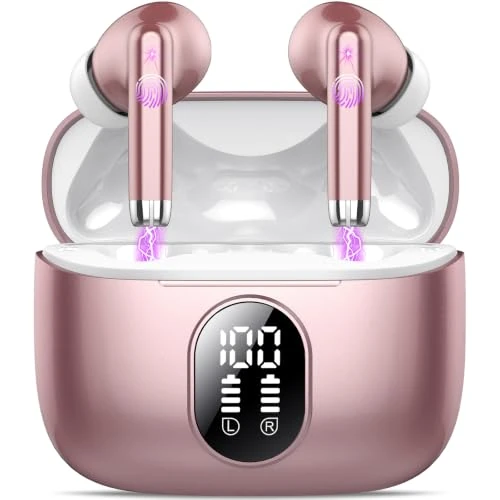 Offerta a tempo: QXQ Cuffie Bluetooth, 2026 Nuovo Auricolari Bluetooth 5.4 Hi-Fi Stereo con 4 ENC Mics, 40 Ore Mini Cuffie Wireless Cancellazione Rumore Cuffiette Bluetooth, Cuffie Senza Filo per Android/iOS, Oro Rosa - 73% da 99.99 € a 26.99 €