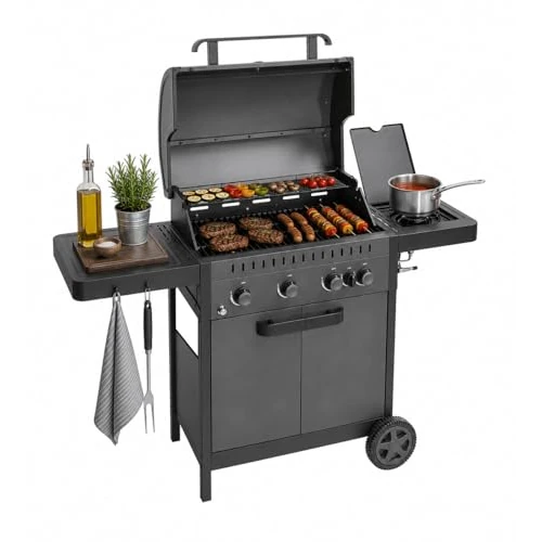 Offerta a tempo: Amig - Barbecue a gas IGNIS 4+1 (4 bruciatori + 1 laterale) - 123 x 55 x 110 cm - Superficie di cottura 60 x 38 cm - Con termometro, ripiani laterali, ruote e griglia in ghisa - Nero - 0.00% da 268.29 € a 268.29 €