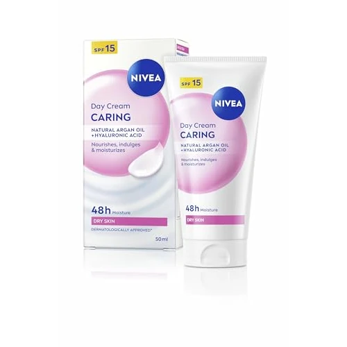 Offerta a tempo: NIVEA Crema Giorno Nutriente SPF 15 50 ml, Crema idratante viso con Olio di Argan e Acido Ialuronico per 48h di idratazione intensa, Skincare per pelle secca in pratico tubetto portatile - 22% da 4.99 € a 3.90 €