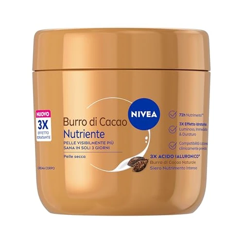 Offerta a tempo: NIVEA Crema Corpo Burro di Cacao Nutriente 400 ml, Crema idratante corpo 72h, Con 3x Acido Ialuronico Puro e Burro di Cacao, Body lotion dalla texture ricca, Assorbimento rapido, Per pelle secca - 20% da 6.99 € a 5.59 €