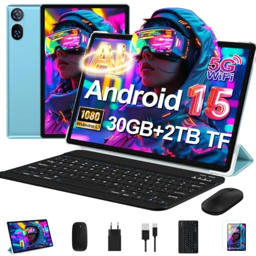 Offerta a tempo: Tablet 10 Pollici Android 15 con 30 GB RAM+2TB ROM Espansione, Widevine L1 | FHD Tablet con Tastiera e Mouse, 6000mAh, Octa-Core, 5G Wi-Fi, GPS, USB-C, BT 5.0, 8MP+5MP, Gemini AI, Blu - 50% da 199.99 € a 99.99 €