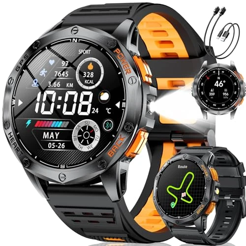 LIGE Męski zegarek GPS z kompasem/barometrem, latarka z ekranem AMOLED 1,43", bateria 530 mAh, 10 ATM, połączenia Bluetooth, śledzenie zdrowia dla systemów Android i iOS, DM1-H