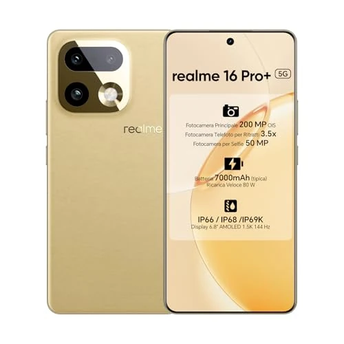 Offerta a tempo: realme 16 Pro+ Smartphone 5G,12+512GB,Display AMOLED 6,8" 1,5K 144 Hz,12+512GB, Fotocamera 200MP OIS & Obiettivo Teleobiettivo 3,5x,Batteria 7000mAh, IP68/IP69K (Master Gold, 512, GB, 12, GB) - 13% da 599.00 € a 519.99 €