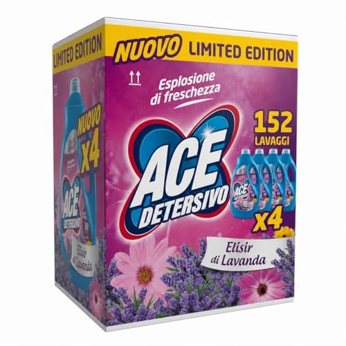 Offerta a tempo: ACE Detersivo Igienizzante Lavanda – Detersivo Liquido Lavatrice, Rimuove Macchie e Sporco, Igienizza Tessuti, Bucato Pulito e Fresco anche a Freddo, Formula Efficace e Profumo Duraturo, 152 lavaggi - 40% da 31.15 € a 18.69 €