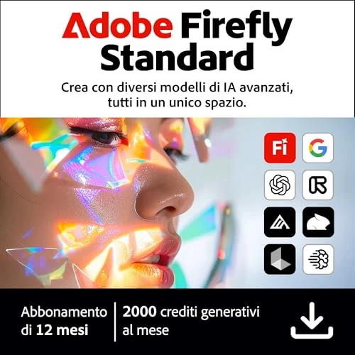 Offerta a tempo: Adobe Firefly Standard incl. Generazione Video con IA, Abbonamento 12 Mesi, 2000 Crediti IA, PC/Mac | Codice d'attivazione via email - 49% da 112.76 € a 58.05 €
