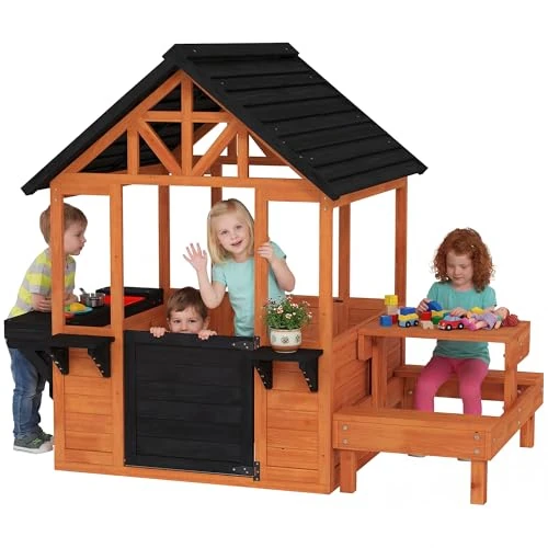 AIYAPLAY Caseta de jardín para niños de madera de abeto, caseta para niños exterior con mesa, bancos, lavabo, media puerta, macetas, ventana, aperitivos, bar, 3-8años, 166 x 113 x 140 cm, marrón claro