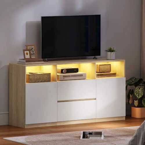 Offerta a tempo: Hzuaneri Mobile TV, Luci LED, 147 x 40 x 76 cm Rovere e Bianco - 5% da 149.99 € a 142.48 €