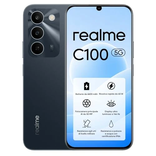 Oferta limitada: realme C100 5G Smartphone 128GB ROM, Batería Titan 6600mAh y Carga Rápida 45W, Teléfono Móvil con 144Hz Ultra Brillante, Android 16 Móviles Resistencia a Antigolpes Militar, Carga Inversa 6.5W, IP64 de 189.99 € a 179.99 € (ahorro 5%)