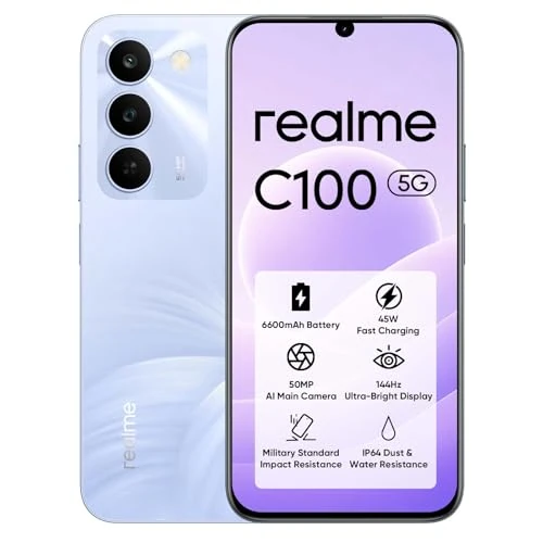 Zeitlich begrenztes Angebot: realme C100 5G Smartphone Ohne Vertrag 4GB+256GB, Smartphone Mit 6600 mAh Akku & 45W, 6.8 Zoll Ultrahelles Display & 144Hz, Android 16 Smartphones, 50MP KI-Kamera, 6.5W Reverse Charging, IP64, Lila von 279.99 € auf 279.99 € (0