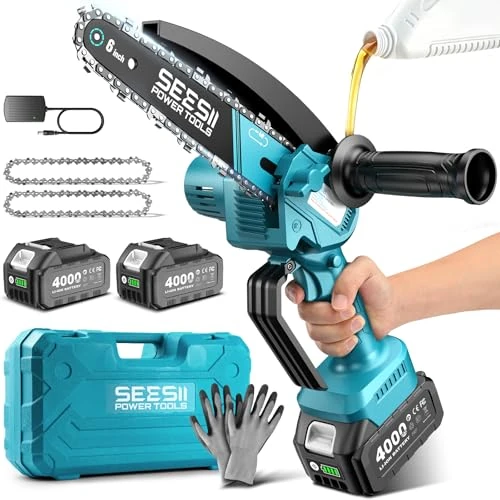 Oferta limitada: SEESII Mini motosierra eléctrica de 6 pulgadas con 2 baterías de 4,0 Ah, autolubricante para cortar árboles, corte de madera, camping y uso al aire libre, motosierra de mano ligera para corte de ramas de 59.99 € a 59.99 € (ahorro 0.00%)