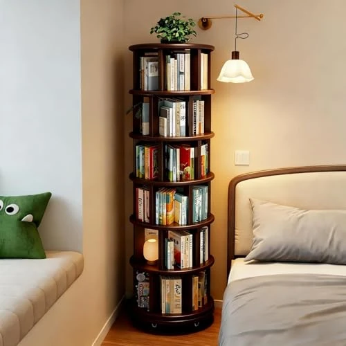 Offerta a tempo: Scribora Libreria Rotante a 360° in Legno Massello, Scaffale Girevole a 6 Ripiani con Ruote, Salvaspazio per Salotto, Studio, Camera da Letto e Ufficio, Design Moderno - 0.00% da 189.00 € a 189.00 €