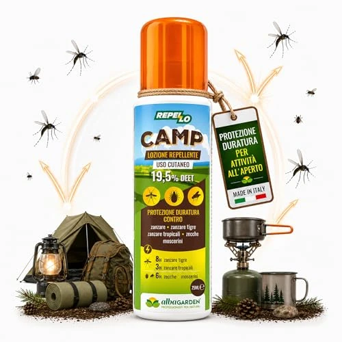 Offerta a tempo: Albagarden – Repellente Antizanzare e Anti Zecche REPELLO CAMP DEET 19,5% Spray 100 ml | Protezione Fino a 8 Ore Contro Zanzare, Moscerini Neri e Zecche - 26% da 8.90 € a 6.56 €