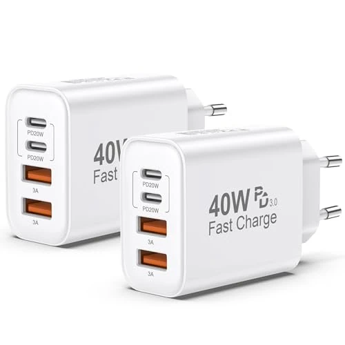 Offerta a tempo: Caricatore USB C 2 Pack,40W 4-Porte Multiplo USB C & USB A Rapido PD & QC3.0,Alimentatore Presa Carica Spinotto Caricabatterie Cellulare Per iPhone 17/16/15/14/13/12/11/Pro/Max/Per iPad/Samsung Spina - 5% da 19.99 € a 18.99 €