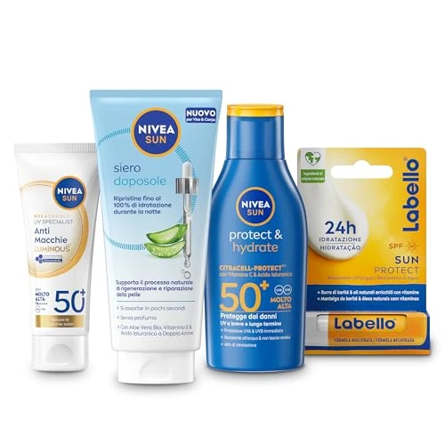 Offerta a tempo: NIVEA SUN Cofanetto con Crema Solare Protect & Hydrate SPF 50+ 100 ml, Crema solare viso 50+ Luminous630 40 ml, Siero Doposole 100 ml e Labello Sun Burrocacao 4.8 g – Kit Esclusiva Amazon - 30% da 29.99 € a 20.99 €