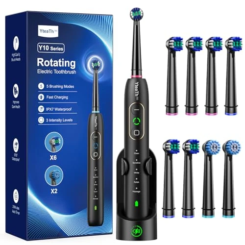Offerta a tempo: Spazzolino Elettrico Rotante per Adulti - Spazzolino Denti Rotante 3 Intensità, 5 Modalità, 8 Testine, Impermeabile IPX7, Spazzolino Elettrico Da Viaggio Ricaricabile, Nero Profondo - 15% da 29.99 € a 25.49 €
