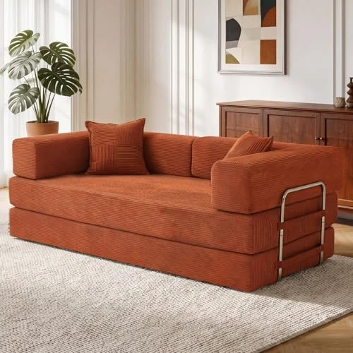 Zeitlich begrenztes Angebot: Vipbear 200cm Hochwertiges Sofa, aus Langlebig Cord mit Hochdichter Schaumstoff, 5-in-1 Vielseitig Umwandelbares ohne Knochen 3-Sitzer Schlafsofa für das Wohnzimmer, Orange von 279.99 € auf 279.99 € (0.00% Rabatt)