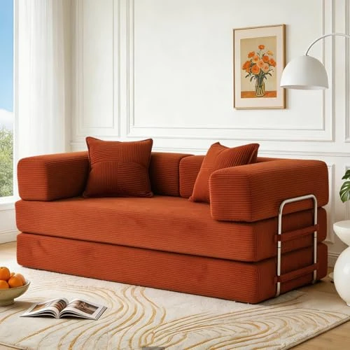 Offerta a tempo: Vipbear Divano letto matrimoniale disossato, 160 cm, in velluto a coste, pieghevole, 5 in 1, con 2 cuscini in memory foam, per piccoli spazi, arancione - 17% da 284.99 € a 237.49 €
