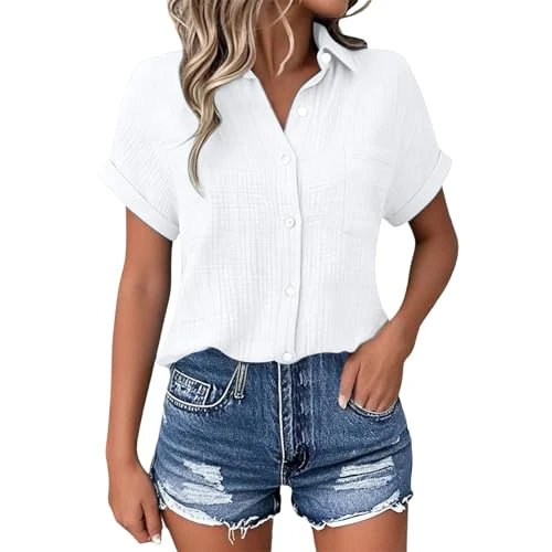 RUIRUILICO Women's Short-Sleeved Casual Summer Shirt Button-Down Elegant Solid Color Blouses Classic Lapel Collar Comfortable Tunic Top, A1_White, S