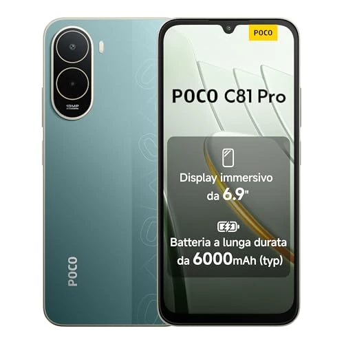 Offerta a tempo: POCO C81 Pro Smartphone 4+128GB, Batteria da 6000mAh(typ), Display immersivo 6,9" con refresh rate 120Hz, Fotocamera AI doppia da 13MP, Design elegante e raffinato, Verde, Garanzia 2 anni+1 anno extra - 0.00% da 119.90 € a 119.90 €