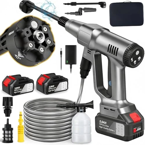 Oferta limitada: Hidrolimpiadora de Batería 100Bar, Hidrolimpiadora de Alta Presion con 6,0Ah Bateria, Boquilla 6 en 1, 3 Niveles de Presión de 60/80/100 Bar, Limpiador a Presión Portátil para Coche y Jardín (Plata) de 79.00 € a 59.99 € (ahorro 24%)
