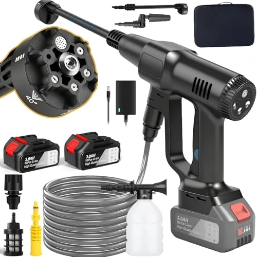 Offerta a tempo: Idropulitrice a Batteria 100 Bar, Idropulitrice Senza Fili con Batteria da 6,0 Ah, Ugello 6 in 1, 3 Velocità Livelli di Pressione 60/80/100 Bar, Idropulitrice Portatile con Display LCD (Nero) - 38% da 79.99 € a 49.99 €
