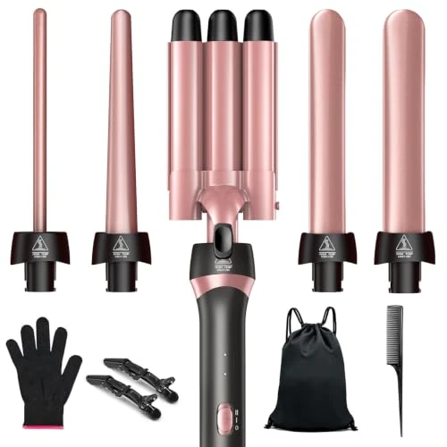 Offerta a tempo: 5 in 1 Ferro Arricciacapelli & Set Crimpatore a 3 Barili con Barili Intercambiabili in Ceramica, Riscaldamento Rapido, Strumenti da Viaggio a Doppia Tensione, Regalo di Compleanno per Donn - 29% da 69.99 € a 49.99 €