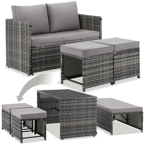 Offerta a tempo: tectake® Set Salotto da Giardino Esterno in Rattan 2 in 1 Versatile, divano 2 posti e set sedie, Cuscini Impermeabili, 4 persone e Tavolino da Esterno, per Set Giardino, Balcone e Terrazzo - Grigio - 17% da 205.99 € a 171.99 €