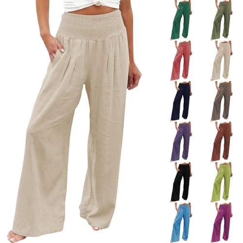 Damen Leinenhose Lang Leichte Hosen Sommerhosen Baumwolle Leinen Stoffhose Einfarbig Freizeithose Lockere Geschnitten Luftige Strandhose Straight Leg Hose mit Kordelzug und Taschen