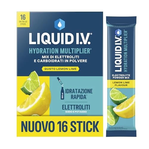 Offerta a tempo: Liquid I.V. 16 stick, Integratore con Elettroliti per Idratazione Rapida, con Sodio e Potassio, con Vitamine B3 B5 B6 B12 e C, Lemon Lime, Vegano, Senza Glutine - 17% da 17.90 € a 14.90 €