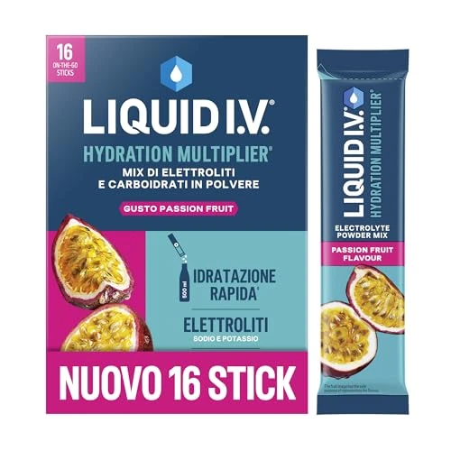 Offerta a tempo: Liquid I.V. 16 stick, Integratore con Elettroliti per Idratazione Rapida, con Sodio e Potassio, con Vitamine B3 B5 B6 B12 e C, Passion Fruit, Vegano, Senza Glutine - 34% da 17.90 € a 11.90 €