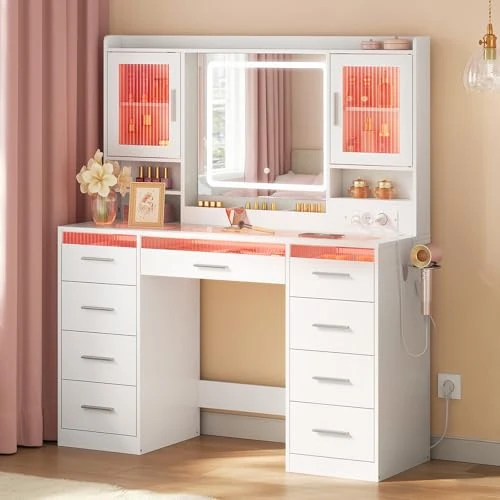 Offerta a tempo: WOLTU Toeletta con Specchio e LED Regolabili, 2 Armadietti con Ante e Luci RGB, 9 Cassetti e Multipresa, Piano in Vetro Temperato, Postazione Trucco, per Camera da Letto, Cabina Armadio, Bianco - 0.00% da 189.99 € a 189.99 €