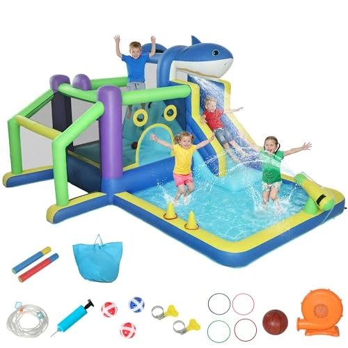 Offerta a tempo: AIYAPLAY Castello Gonfiabile Bambini Grande 8 in 1, Scivolo Trampolino Piscina, Arrampicata, Tubo Acqua, Canestro, Porta Calcio, Soffiatore, Tema Squali, Borsa, Interni Esterni, 3-8Anni, 405x345x235cm - 7% da 299.95 € a 279.95 €