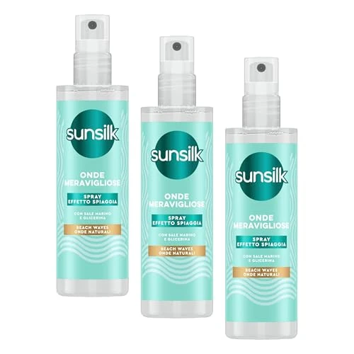 Offerta a tempo: Sunsilk, Spray Onde Meravigliose, Spray al Sale Marino per Capelli Mossi, con Glicerina Idratante, Styling per un Effetto Beach Waves, Rimozione del Crespo e Texture Naturale, 150ml (Confezione da 3) - 38% da 17.97 € a 11.09 €