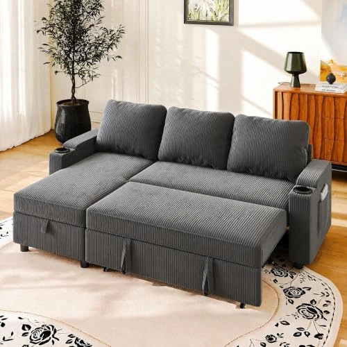 Offerta a tempo: JUMMICO Divano Letto Angolare 3 Posti con Contenitore e Braccioli Multifunzione, Convertibile per Soggiorno,Grigio - 0.00% da 479.00 € a 479.00 €