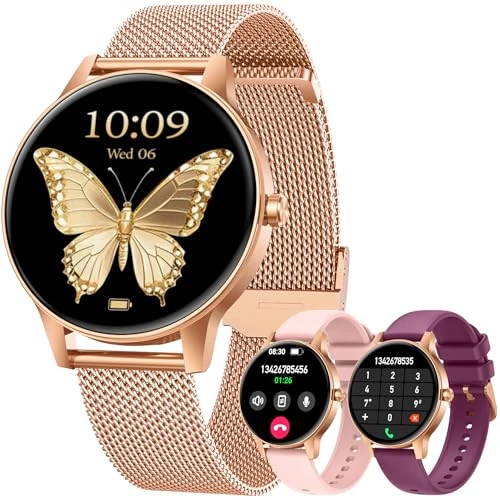 Offerta a tempo: Smartwatch Donna Orologio Chiamate Bluetooth: 1,27" Tondo Touch Orologi Smart Watch da Impermeabile Sport Fitness Contapassi Cardiofrequenzimetro Pressione Caloriec Oro Polso per Android iOS Telefono - 29% da 49.99 € a 35.62 €