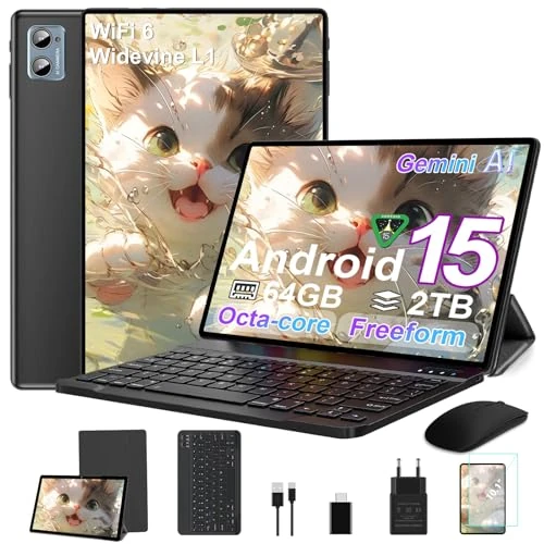 Offerta a tempo: SUAAT 2026 Tablet Android 15 Octa Core con 64Go RAM + 2To TF Tablet 10 Pollici | 5G + 2.4G WiFi | FHD | GMS | Bluetooth 5.0 | 8MP + 5MP | Tipo C, Tablet Touch con custodia, Tastiera e Mouse - Nero - 64% da 279.00 € a 99.98 €