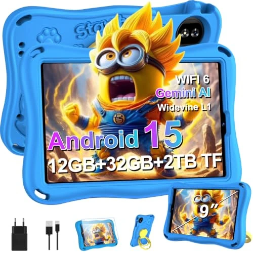 Offerta a tempo: SUAAT 2026 Tablet per bambini 9 pollici Android 15 con 12 GB di RAM + TF 1 TB, 5G WiFi, Octa-Core, Widevine L1, controllo genitoriale, 5000 mAh, 1340 x 800, BT 5.0, per bambini con custodia Eva - Blu - 51% da 164.58 € a 79.99 €