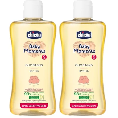 Chicco Baby Moments Olio Bagno per Pelli Sensibili, con Formula Naturale ad Azione Delicata e Idratante, 0+ Mesi - 200 ml (Confezione da 2)